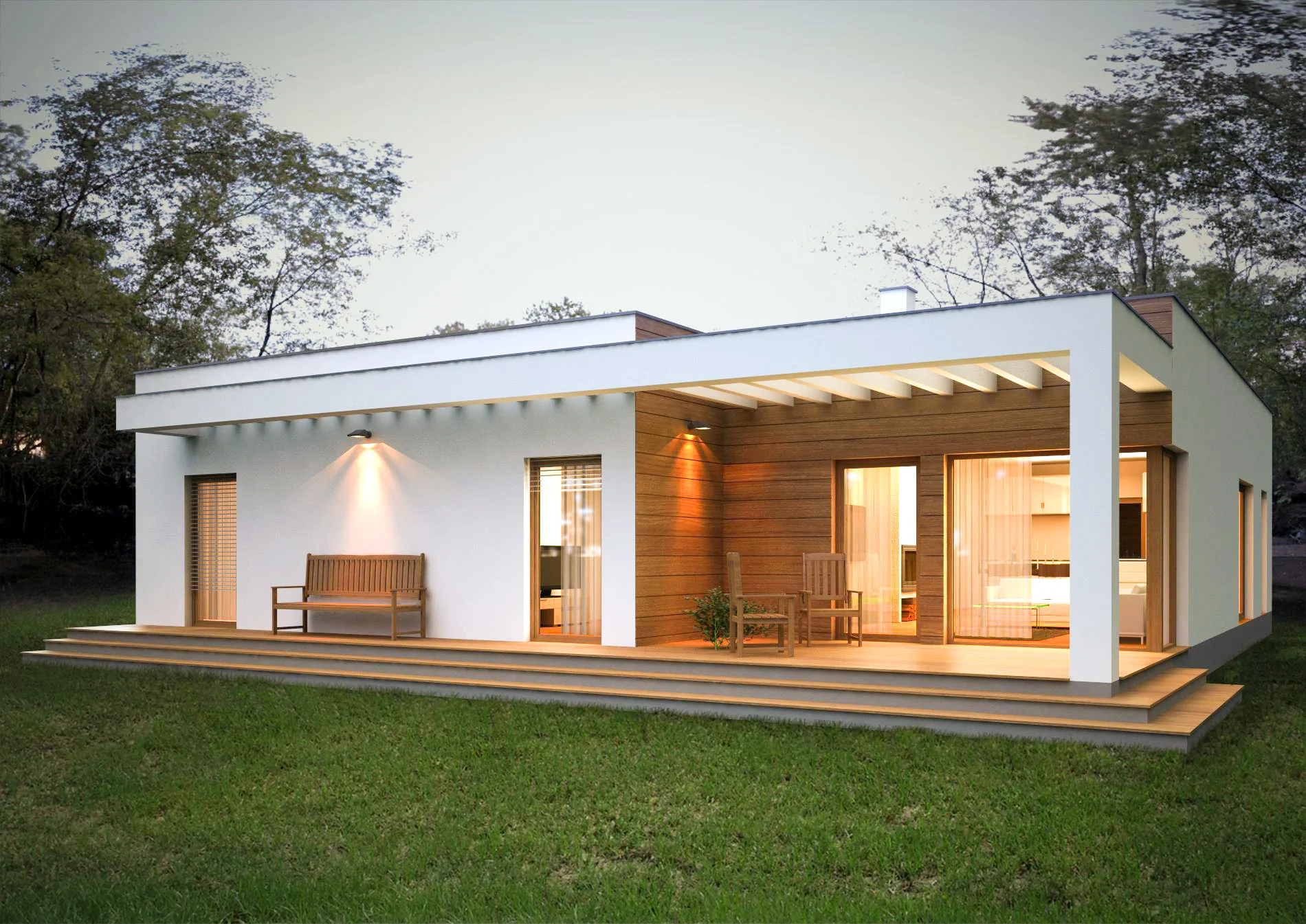 Render de una vivienda de líneas contemporáneas con galería y jardín